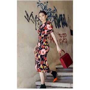 TRF Collection Zara Women ARTSY Colorful Floral Black Dress Slimming Sz‎ M
